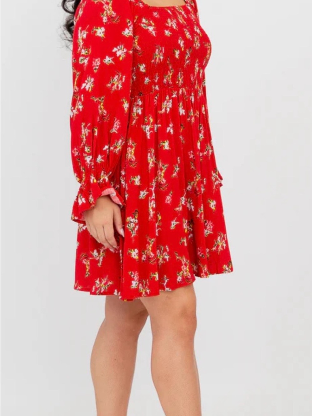 Blue Sky Red Floral Square-Neck Long-Sleeve Kids Dress - Picture 3 of 5